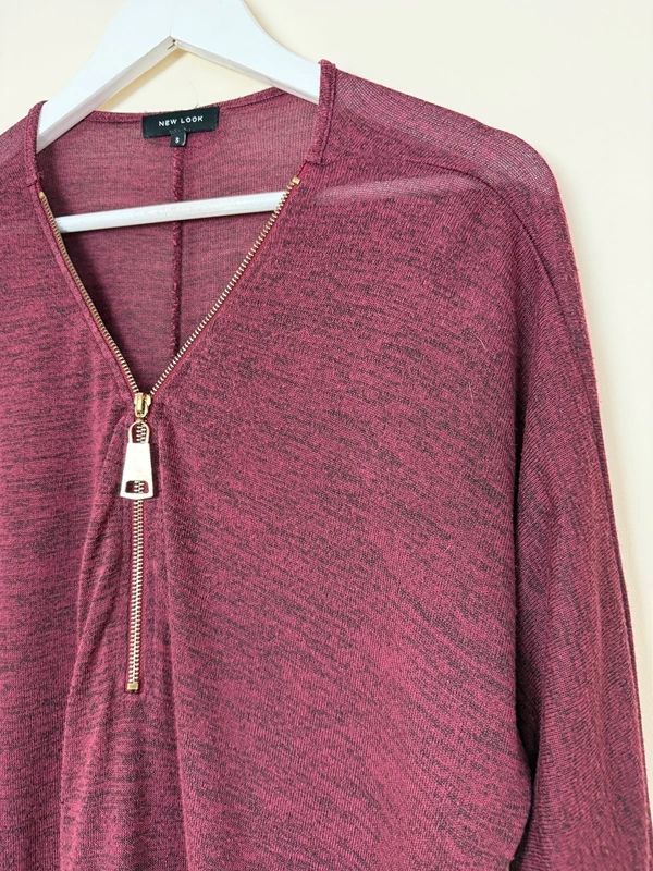 New Look Burgundy Top Half Zip 3/4 Sleeve Jersey Dip Hem Small