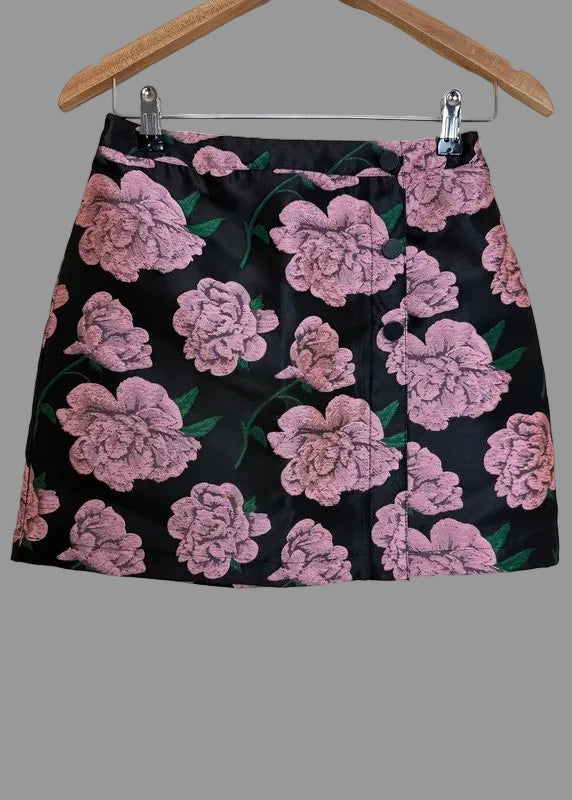 Miss Selfridge Black Pink Floral Mini Skirt UK8 Wrap Jacquard Rose Print
