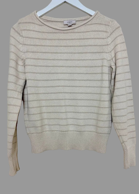 LOFT Cotton Blend Ivory Striped Crew Neck Jumper - Small