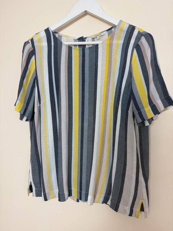 Sandwich Clothing Stripe Top Yellow Grey White Short Sleeve Split Hem UK8