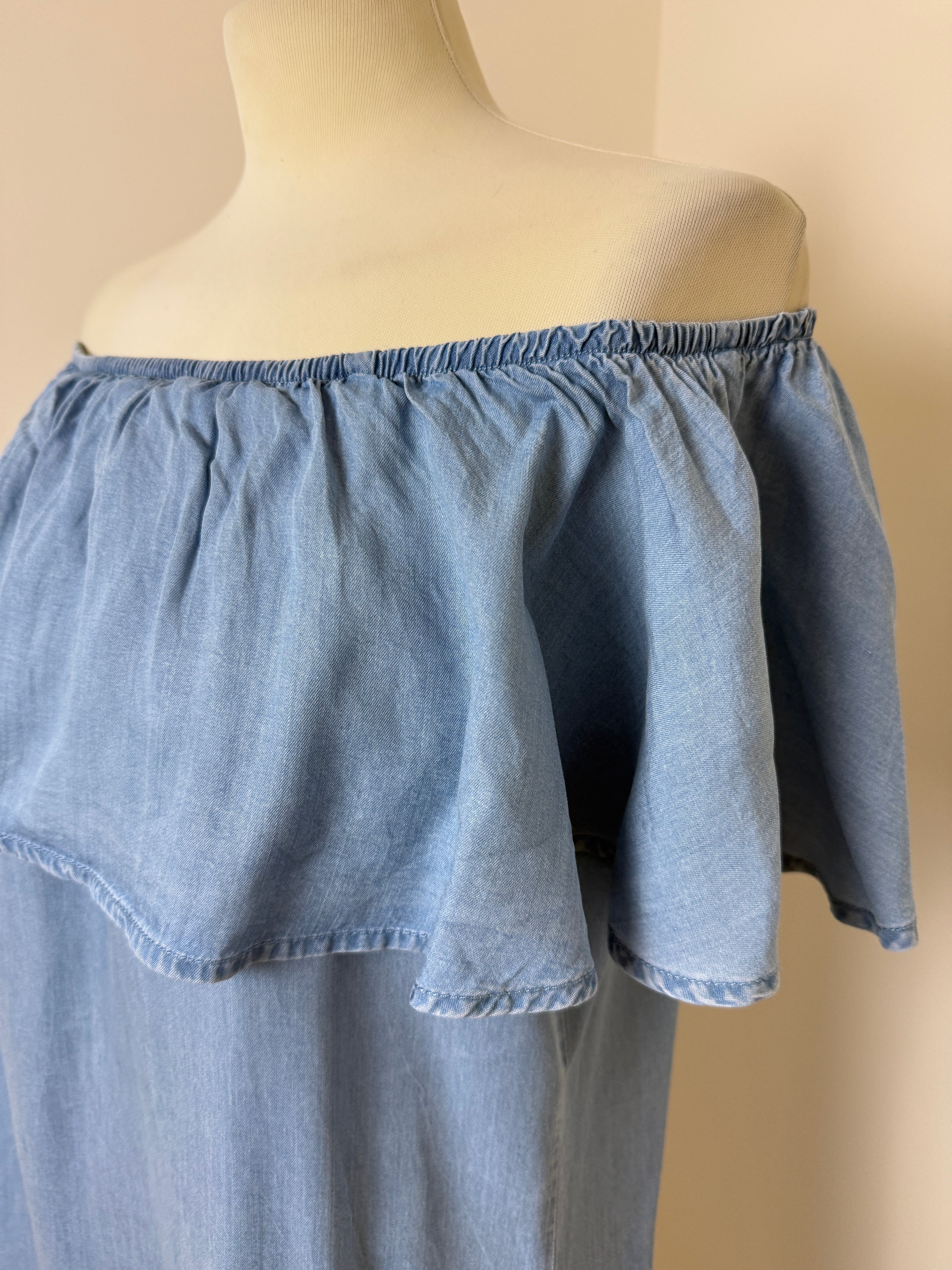 Peacocks Blue Chambray Bardot Dress UK14 Tencel Summer Midi