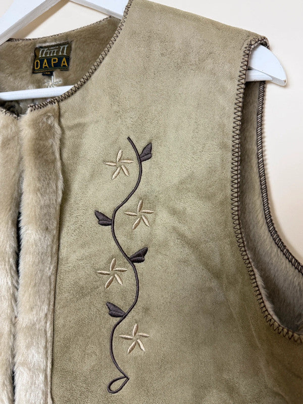 Vintage Faux Shearing Fur Olive Green Embroidered Gilet by DAPA - XL