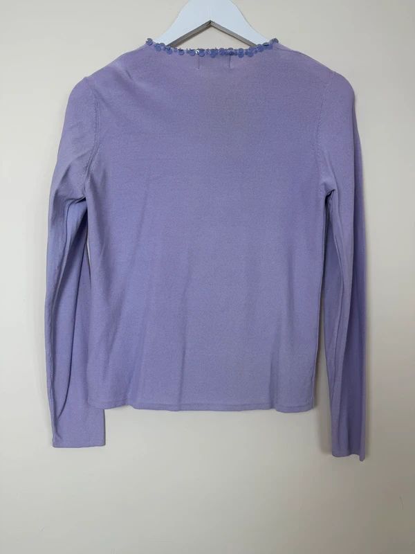 TIGI Cardigan Lavender Sequin Trim Fine Knit Hook Eye UK10