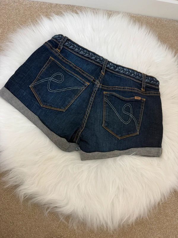 Else Dark Blue Braided Waistband Cuffed Hem Denim Mini Shorts – W28, Festival Boho Summer