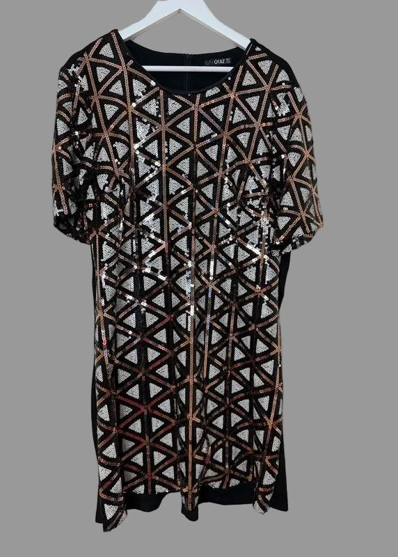 Quiz Geometric Sequin Party Dress Rose Gold Black UK24 Short Sleeve