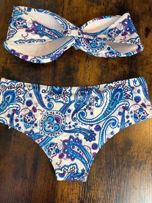 Marie Meili Paisley Bandeau Bikini Strapless Blue Purple UK16