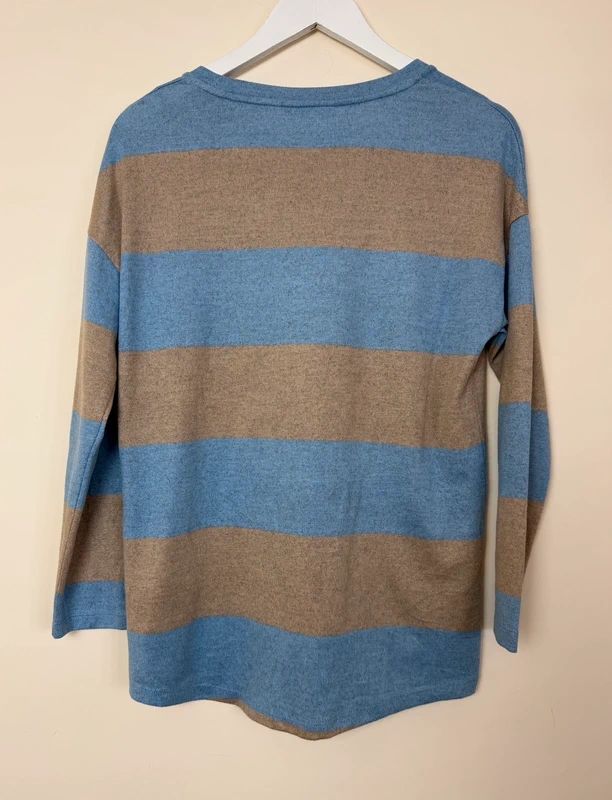 TU Jersey Top Blue Tan Long Sleeve Crew Neck Dip Hem Lightweight UK8