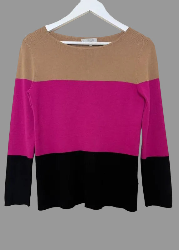 Hobbs Colour Block Knit Jumper Pink Beige Black Scoop Neck Small