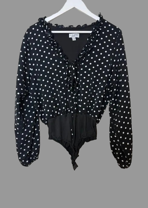Black White Polka Dot Tie Front Blouse Bodysuit UK 12 Blouson Sleeve