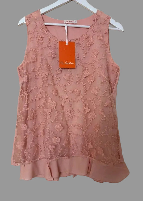 KY Creation Pink Lace Overlay Top Large Sleeveless Back Split BNWT