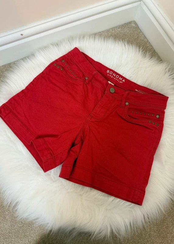Sonoma Red Denim Shorts High Waisted Stud Detail Y2K UK 8