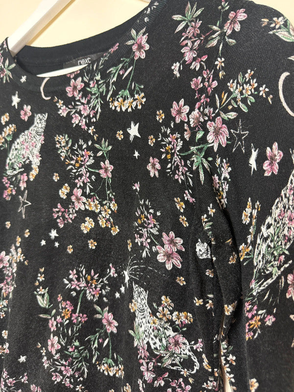 Next Black Floral & Animal Print 3/4 Sleeve Jersey Top - UK12