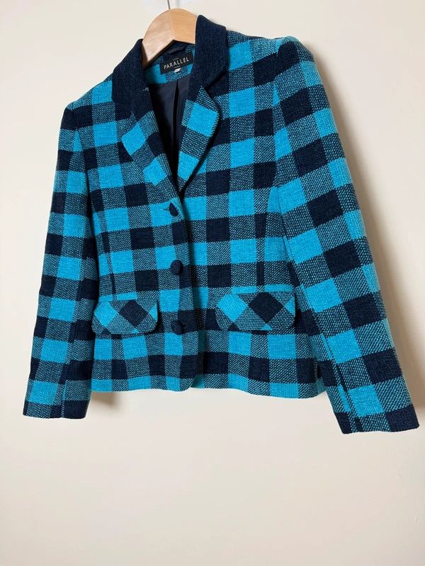 Parallel Blue Checked Blazer Jacket UK10 Wool Blend Notched Lapel Classic