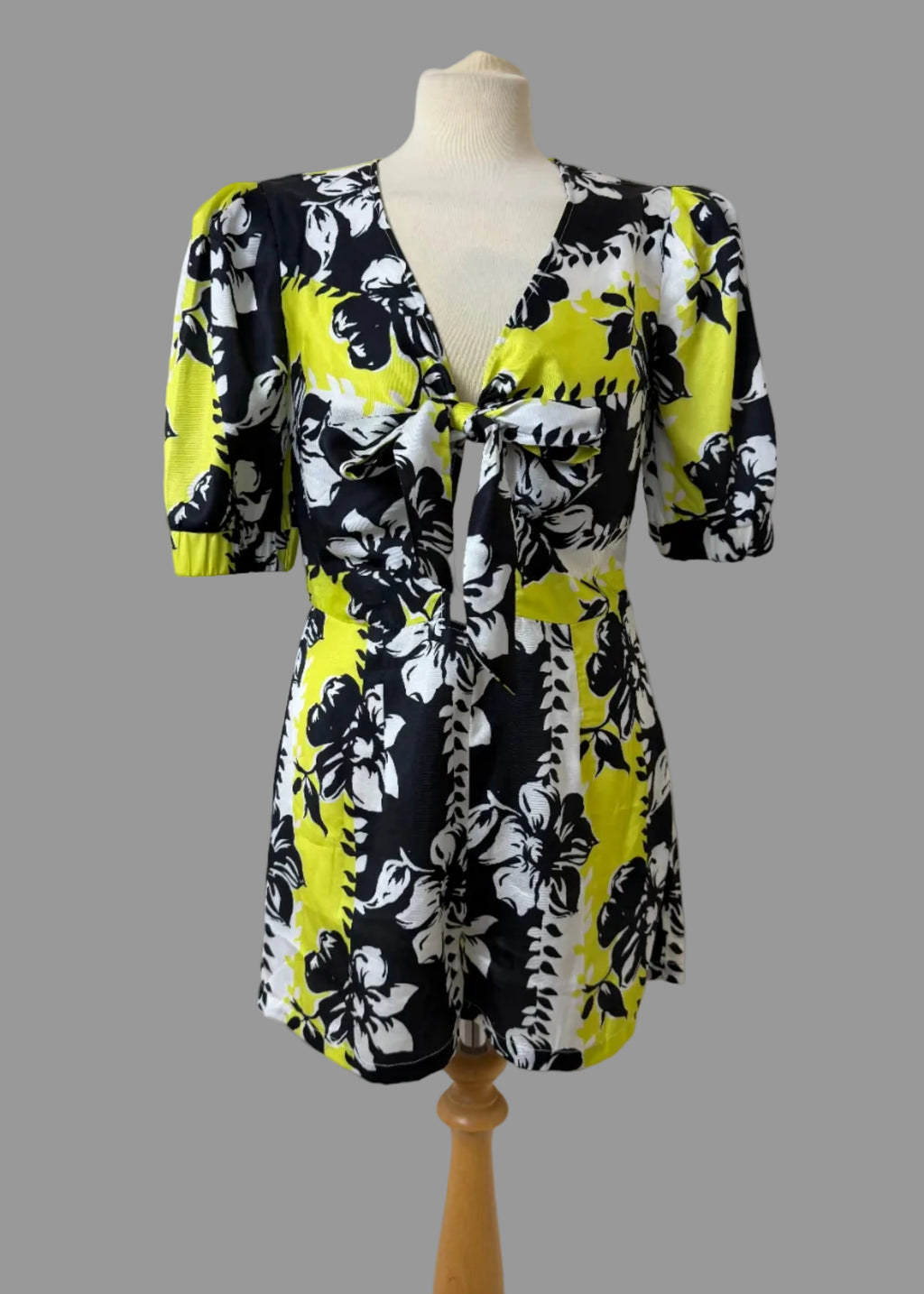 Oasis Yellow Black Floral Playsuit UK 10 Puff Sleeve Cut Out Tie Front