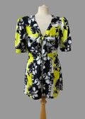Oasis Yellow Black Floral Playsuit UK 10 Puff Sleeve Cut Out Tie Front