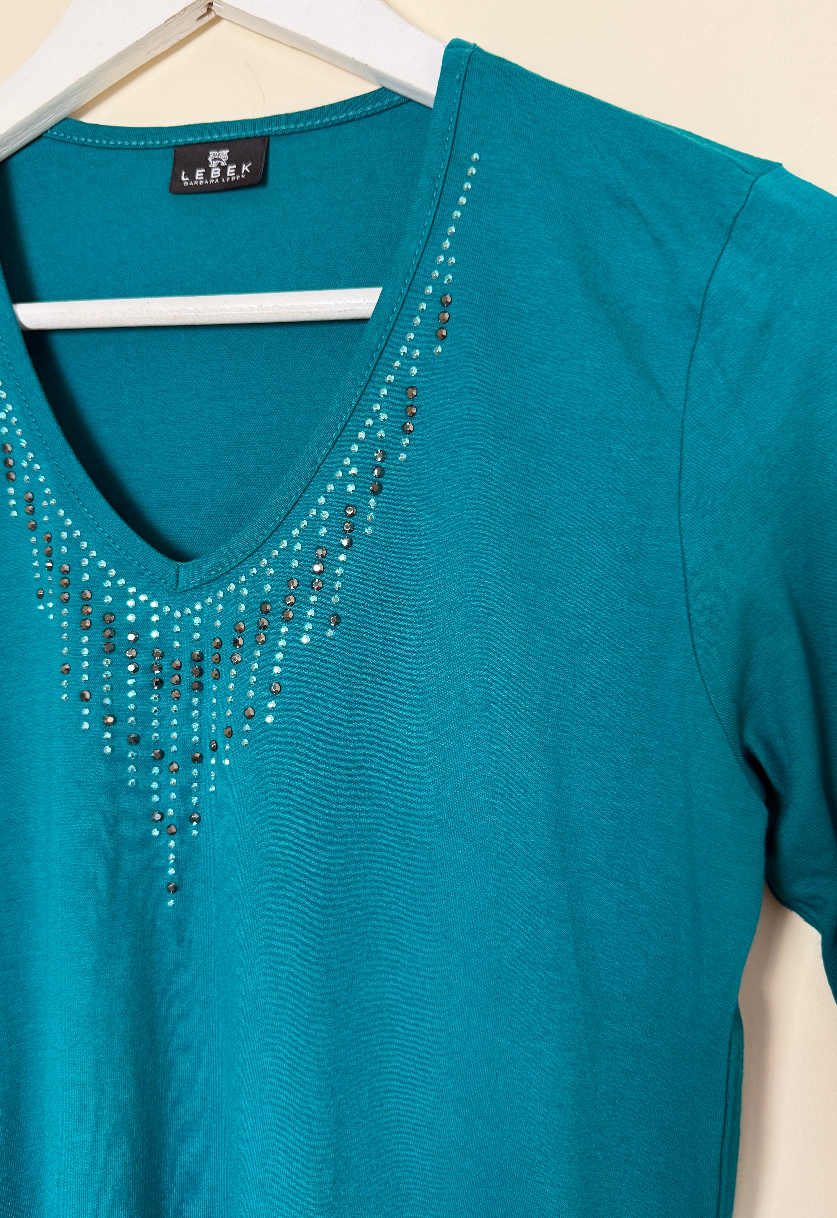 Lebek Teal Embellished V-Neck 3/4 Sleeve Top UK 12