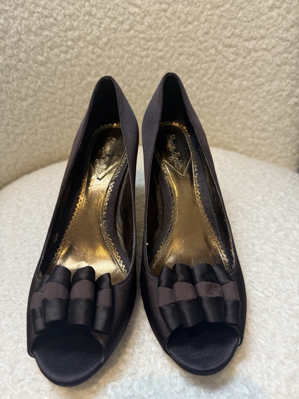 Phase Eight Dark Brown Satin Ruffled Peep Toe Heels - UK4 EU37