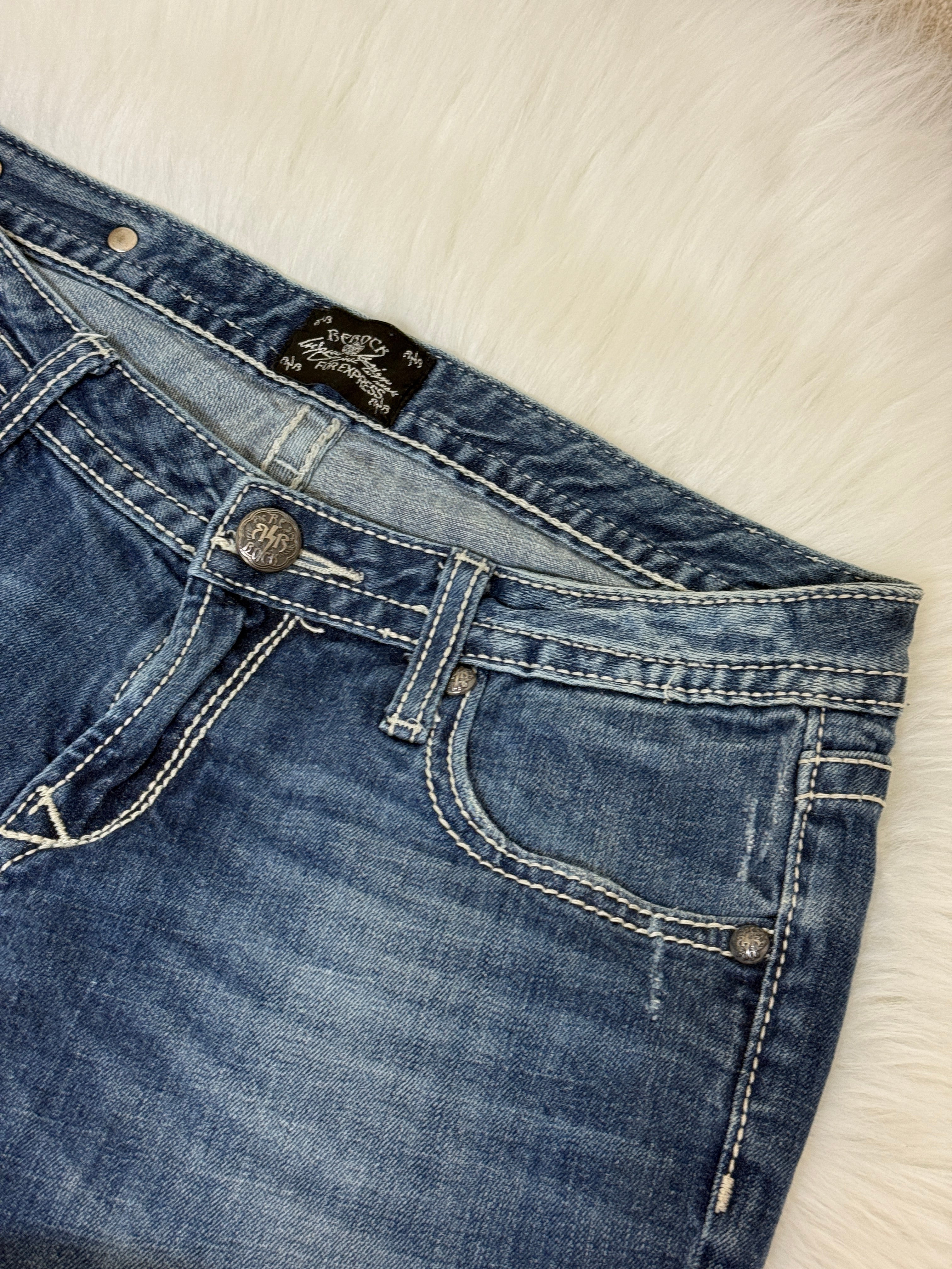 ReRock Express Y2K Western Denim Shorts Dark Wash Embroidered Contrast Stitch UK12