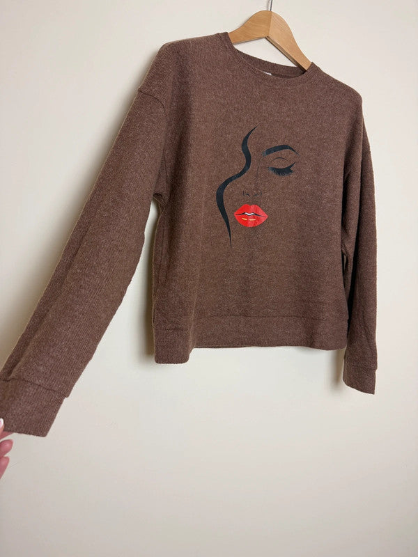 Brown Knitted Crew Neck Face Eyelashes Motif Jumper - Large