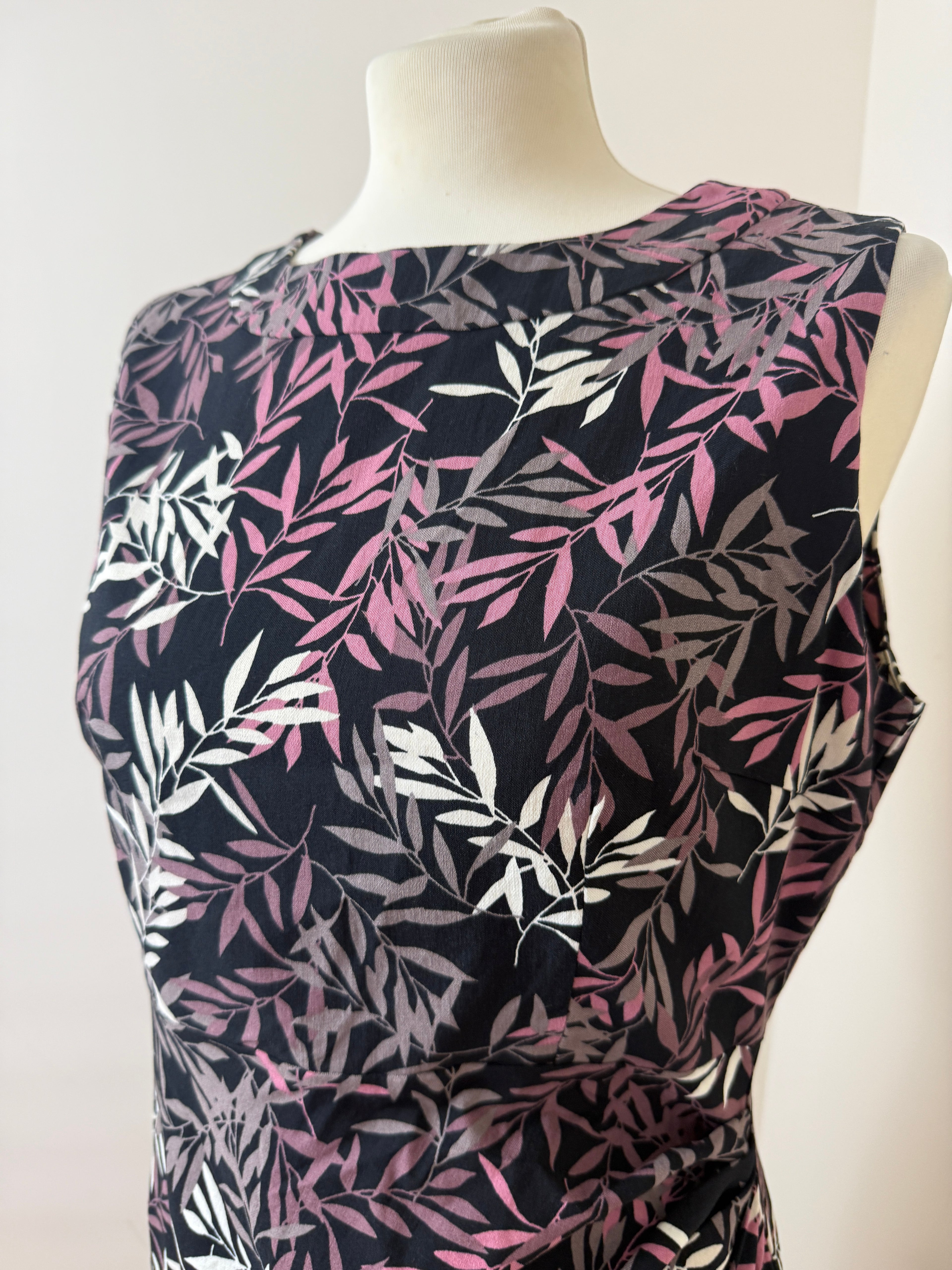 Apricot Black Leaf Print Bodycon Dress UK14 Sleeveless Ruched Waist