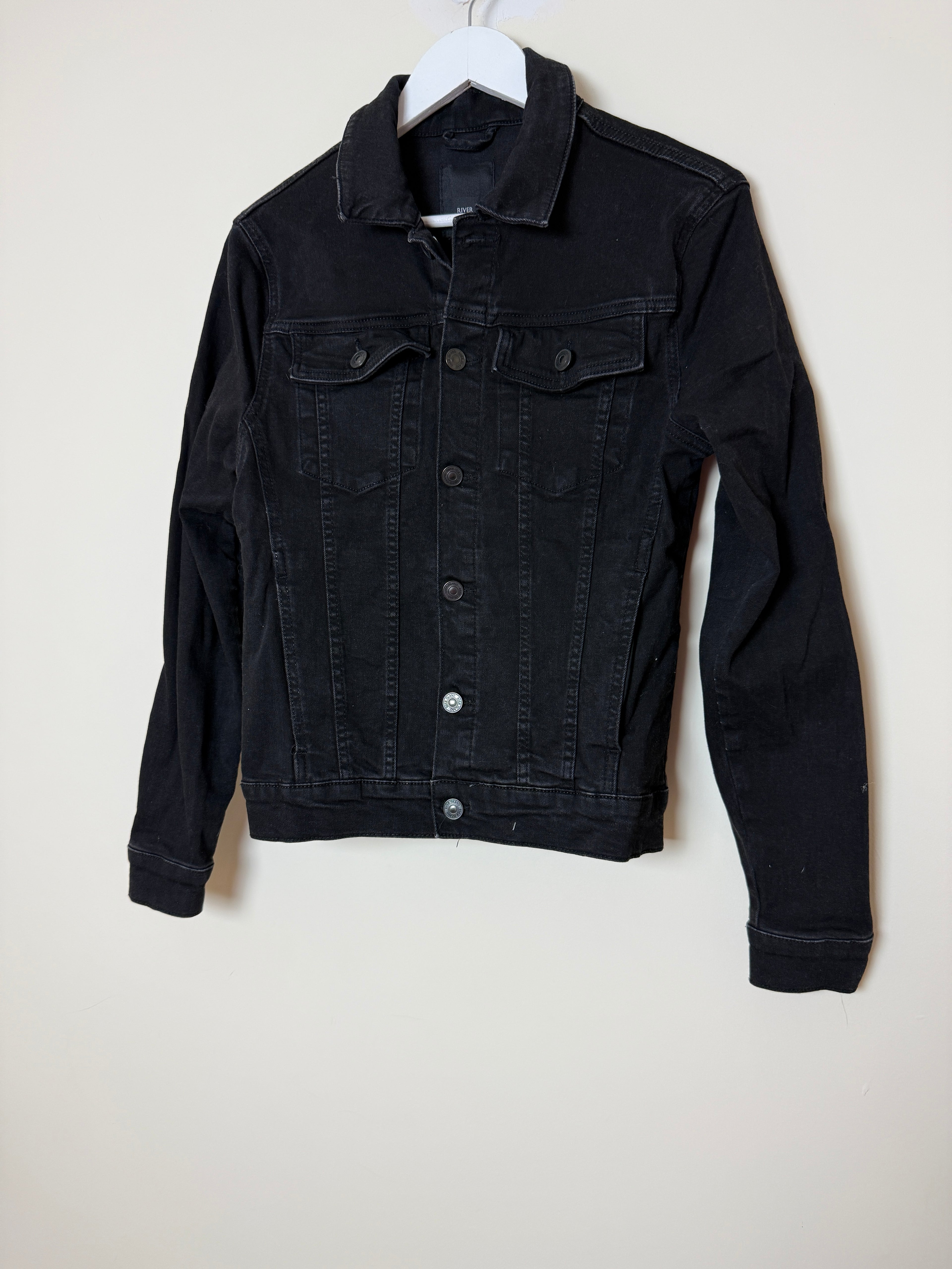 River Island Denim Jacket Black Stretch Slim Fit Trucker Womens