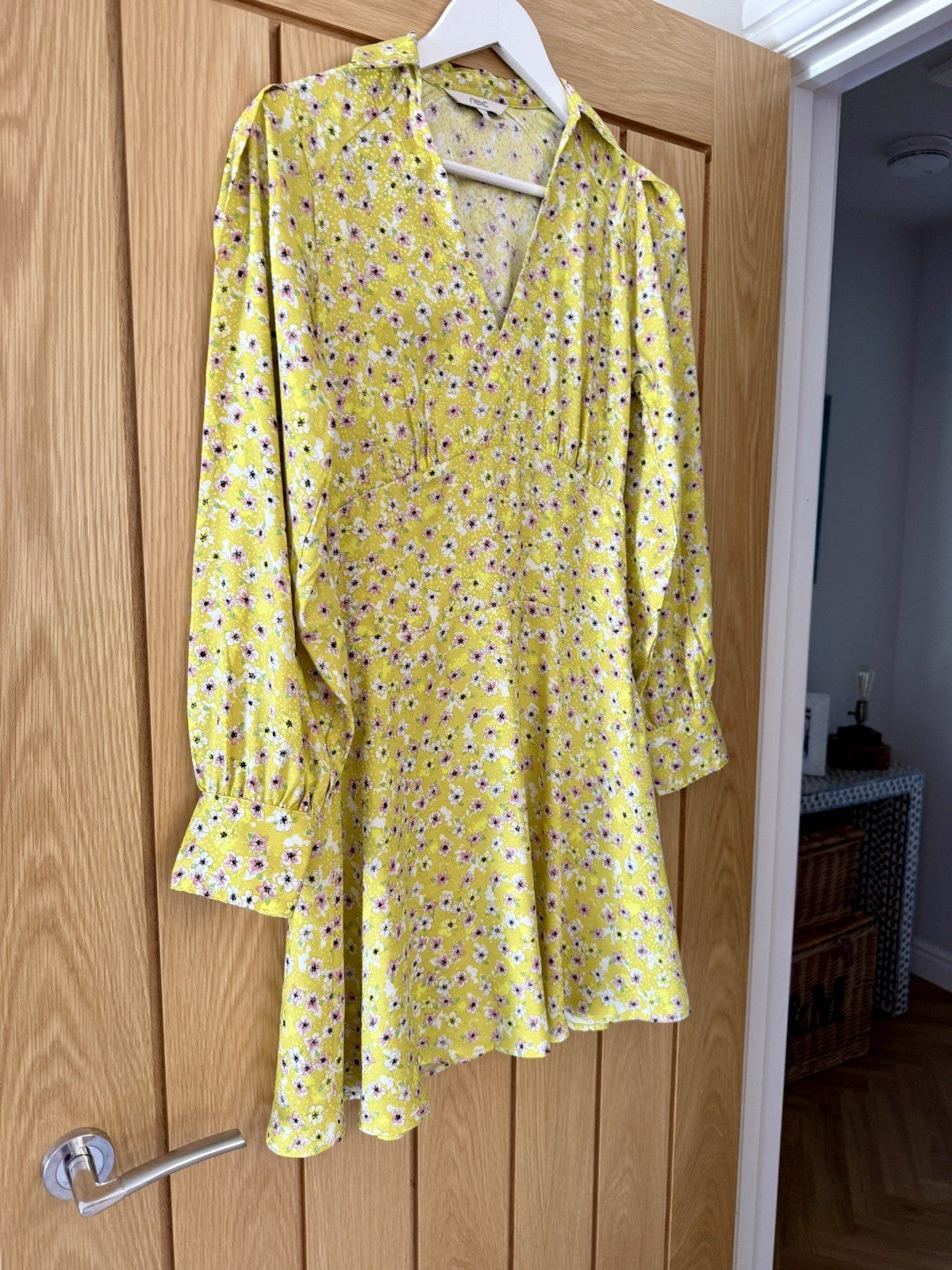 Next Floral V Neck Yellow Dress - UK 6