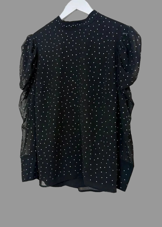 River Island Black Ruched Sheer Arms Diamante Blouse - UK12