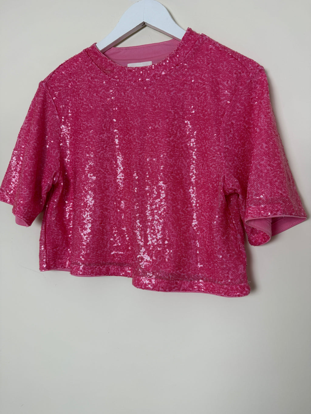 H&M Pink Sequin Crop Top Womens Small Party Glitter