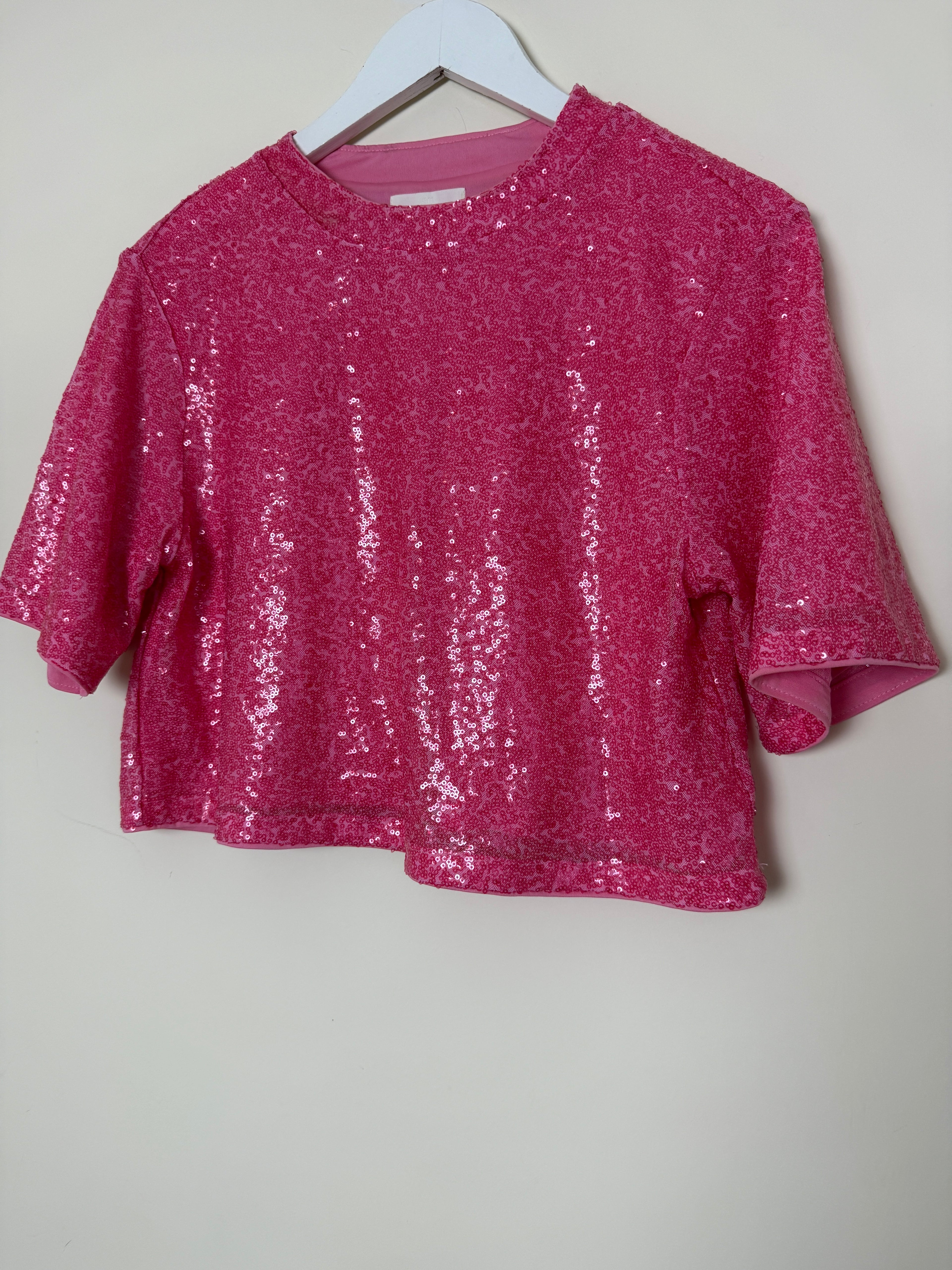 H&M Pink Sequin Crop Top Womens Small Party Glitter