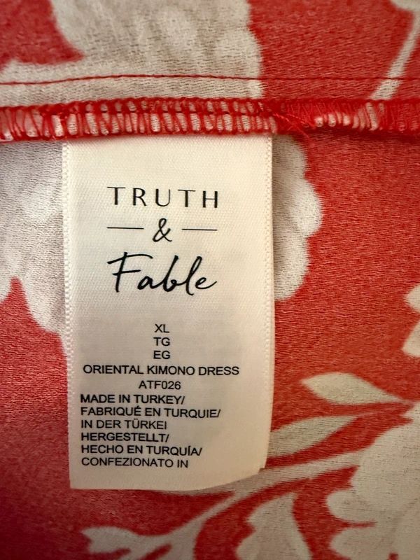 Truth & Fable Red Oriental Floral Kimono Style Midi Dress V Neck XL