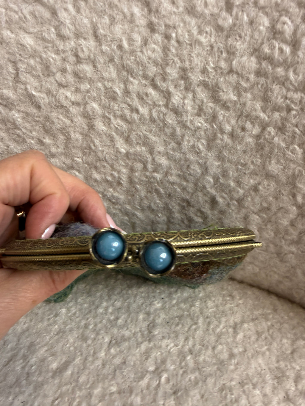 Harris Tweed Eigg Coin Purse Tartan Kiss Lock Orb Label Blue Satin Lining