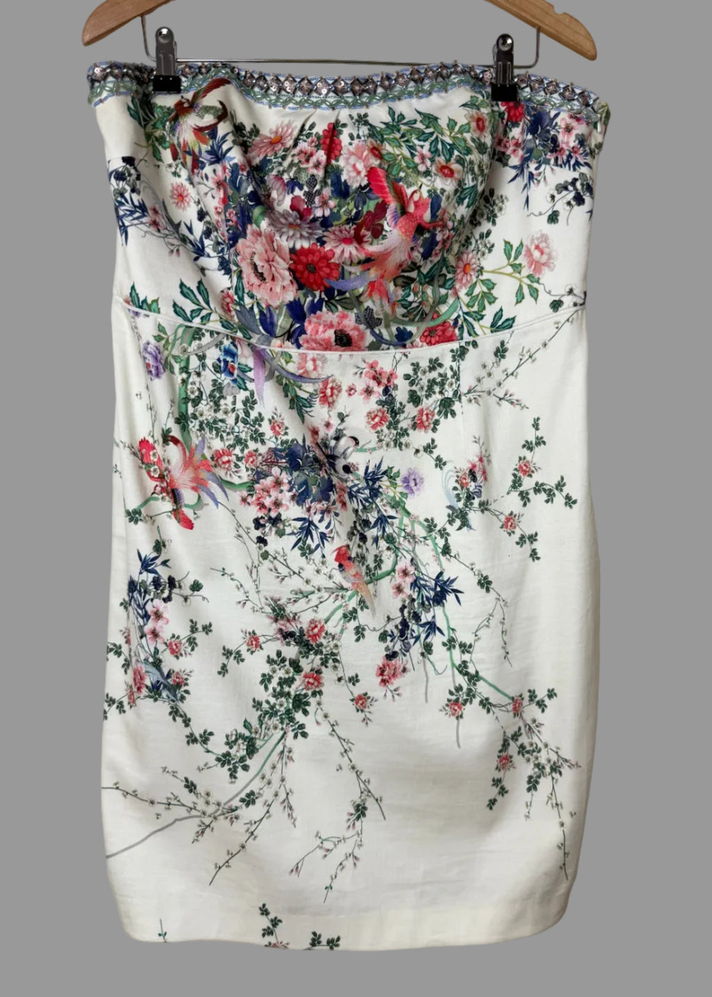 Monsoon Floral Bird Print Strapless Dress – Beaded Occasion Dress – UK 18