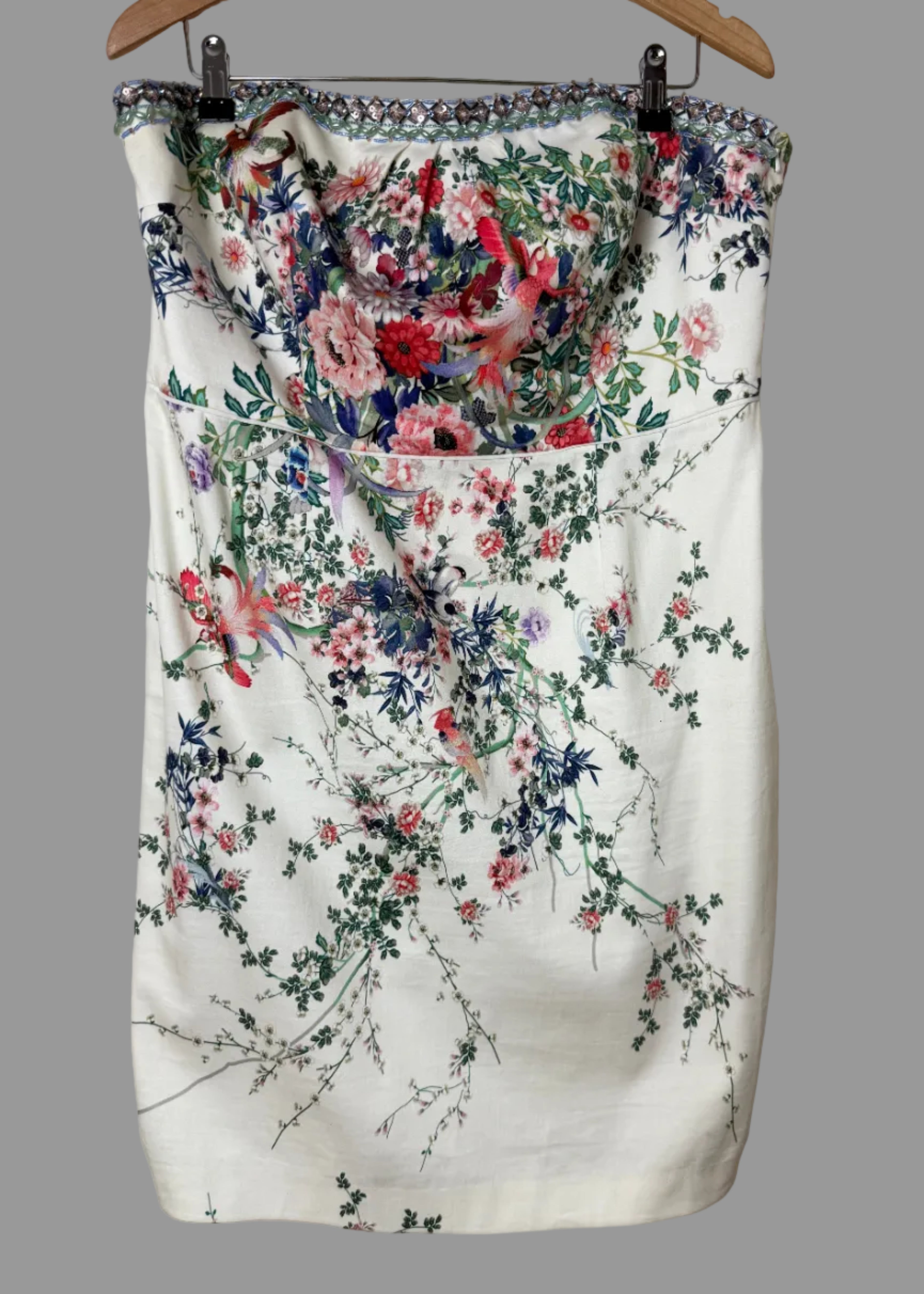 Monsoon Floral Bird Print Strapless Dress – Beaded Occasion Dress – UK 18