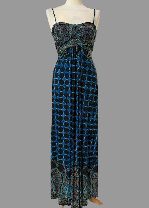 Therapy Blue Geometric Paisley Maxi Dress Slinky Strappy Holiday UK8