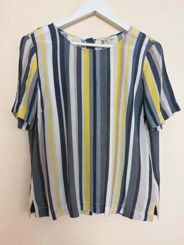 Sandwich Clothing Stripe Top Yellow Grey White Short Sleeve Split Hem UK8