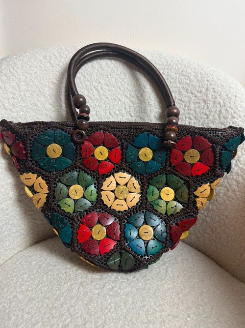 Boho Crochet Mesh Handbag Coconut Shell Floral Wooden Bead Strap