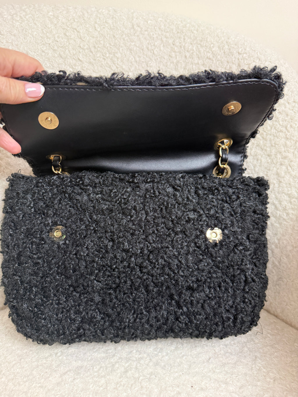 Missguided Black Sherpa Flap Bag Chain Strap Shoulder Bag