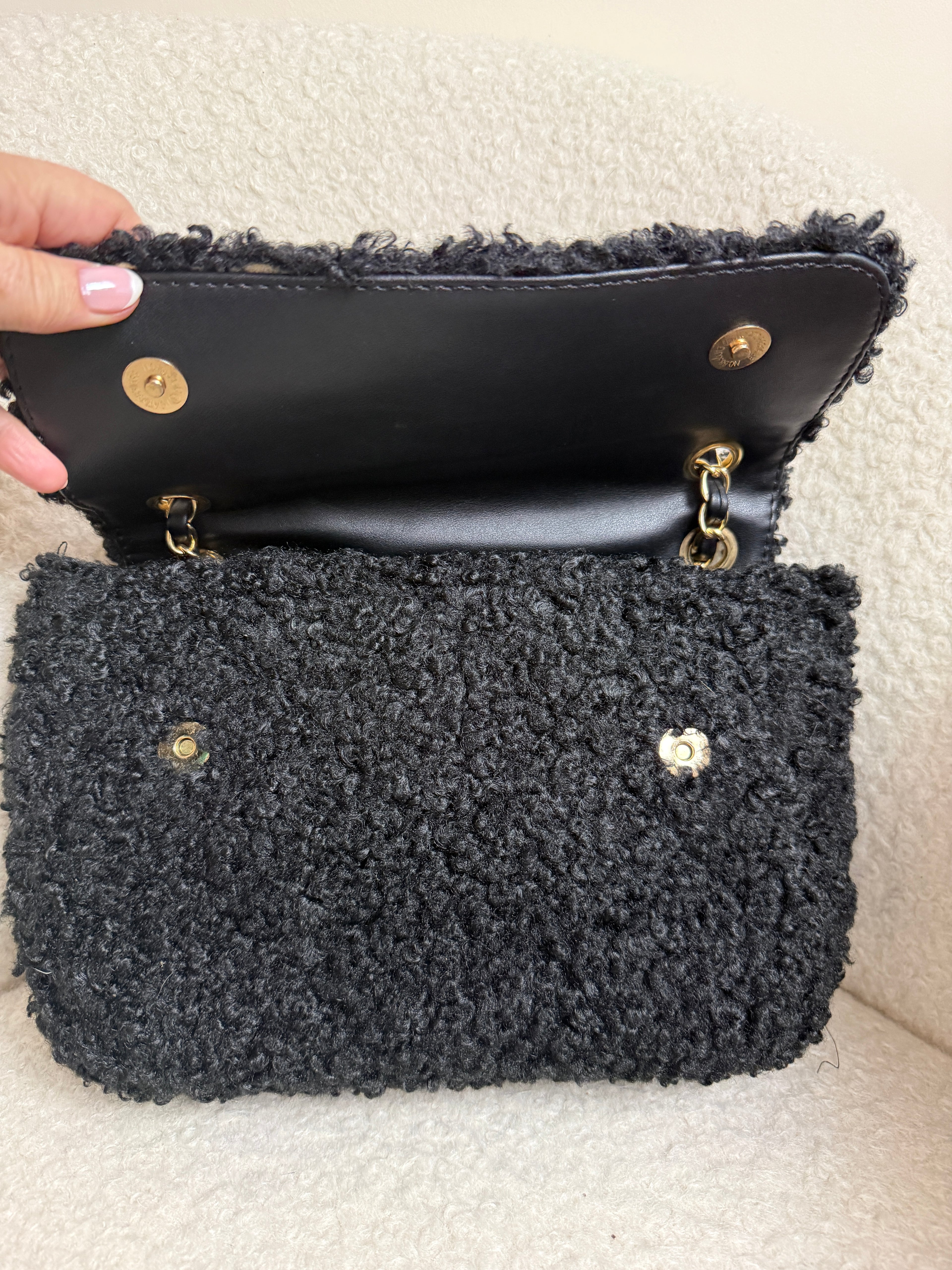 Missguided Black Sherpa Flap Bag Chain Strap Shoulder Bag