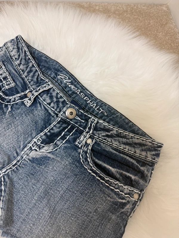 Blue Asphalt Y2K Denim Micro Shorts Dark Wash Low Rise UK 8