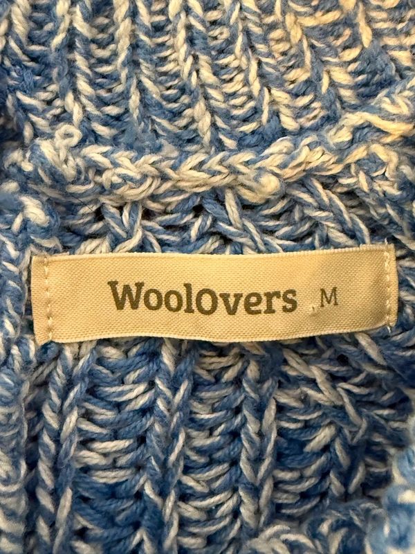 WoolOvers Blue Cable Knit Jumper Medium Cotton Crew Neck Button Back