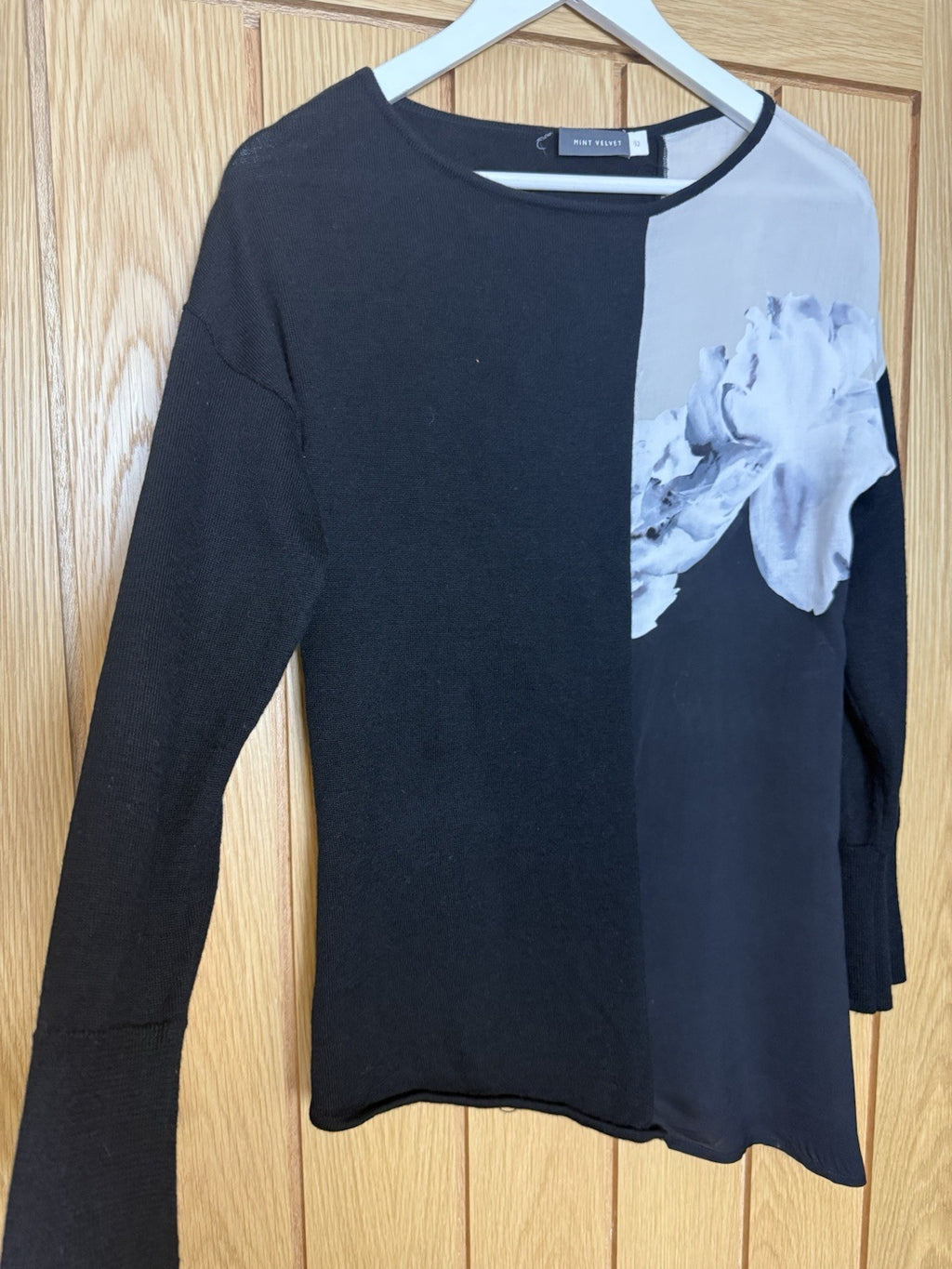 Mint Velvet Floral Sheer Black Grey Asymmetric Jumper - UK 12