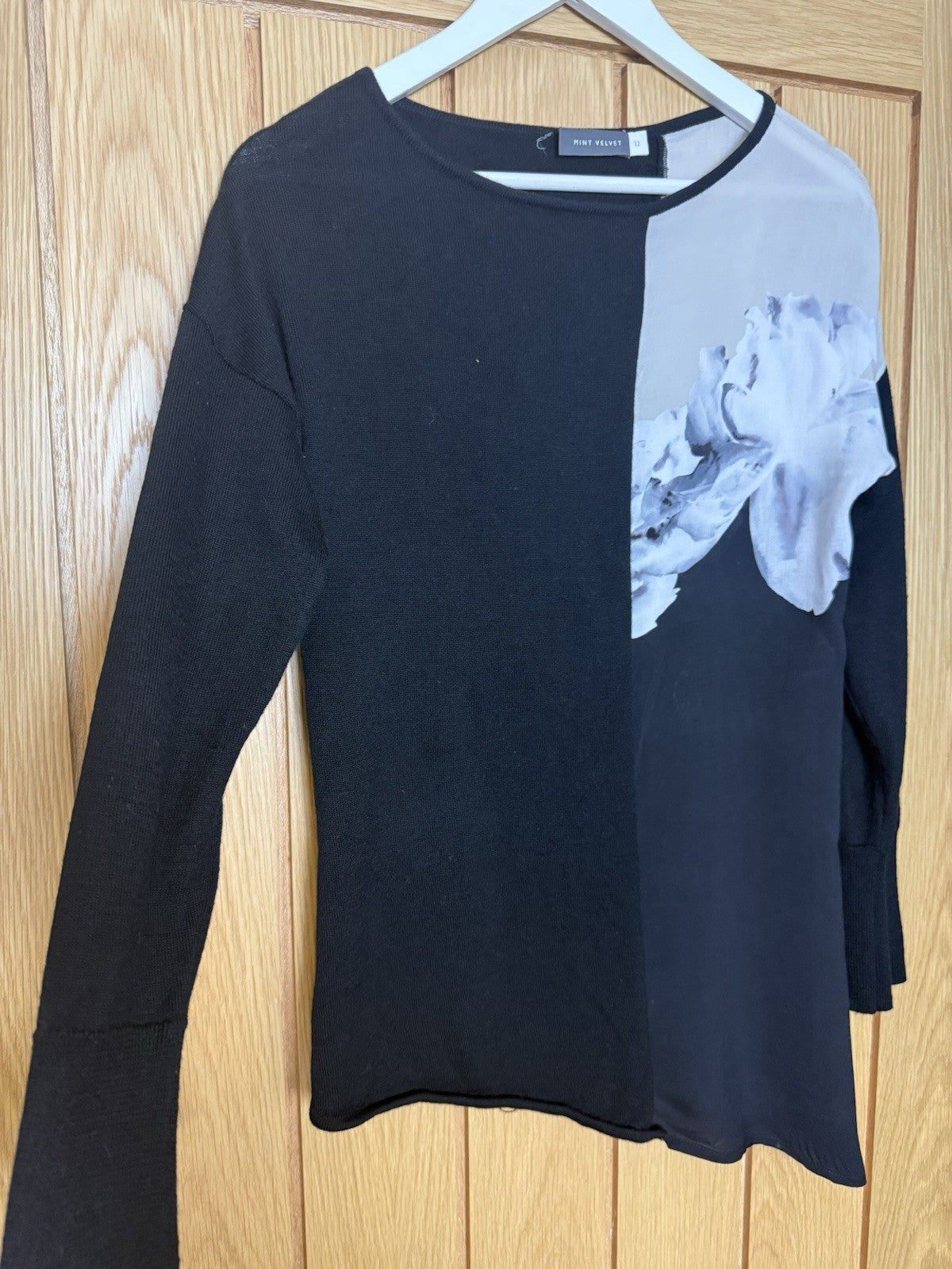 Mint Velvet Floral Sheer Black Grey Asymmetric Jumper - UK 12