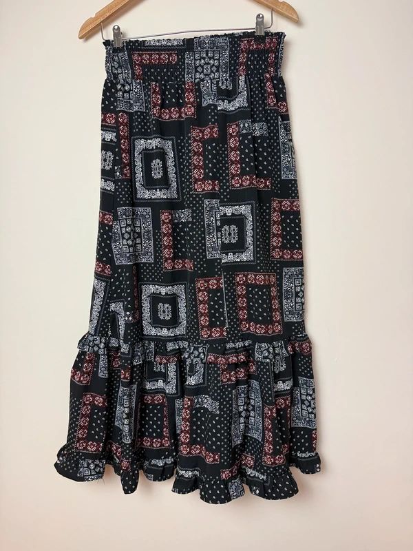 Valleygirl Bandana Print Tiered Maxi Skirt Black Red White UK8