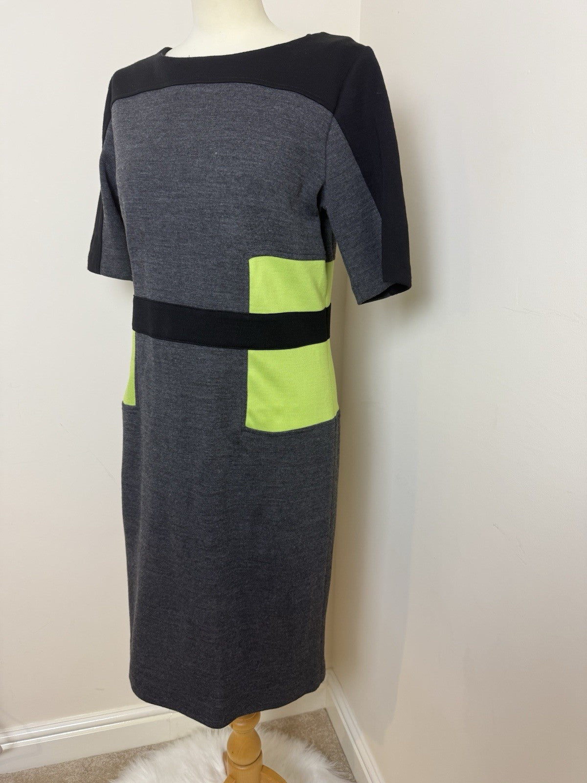 Roman Grey Black Lime Green Panel Dress - Size 14