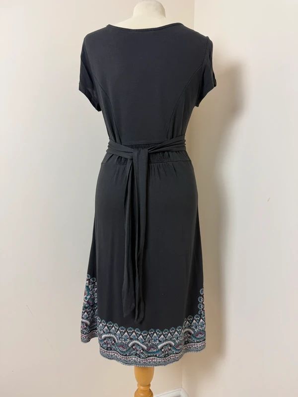 Fat Face Midi Dress Grey Boho Tie Waist Printed Hem UK12