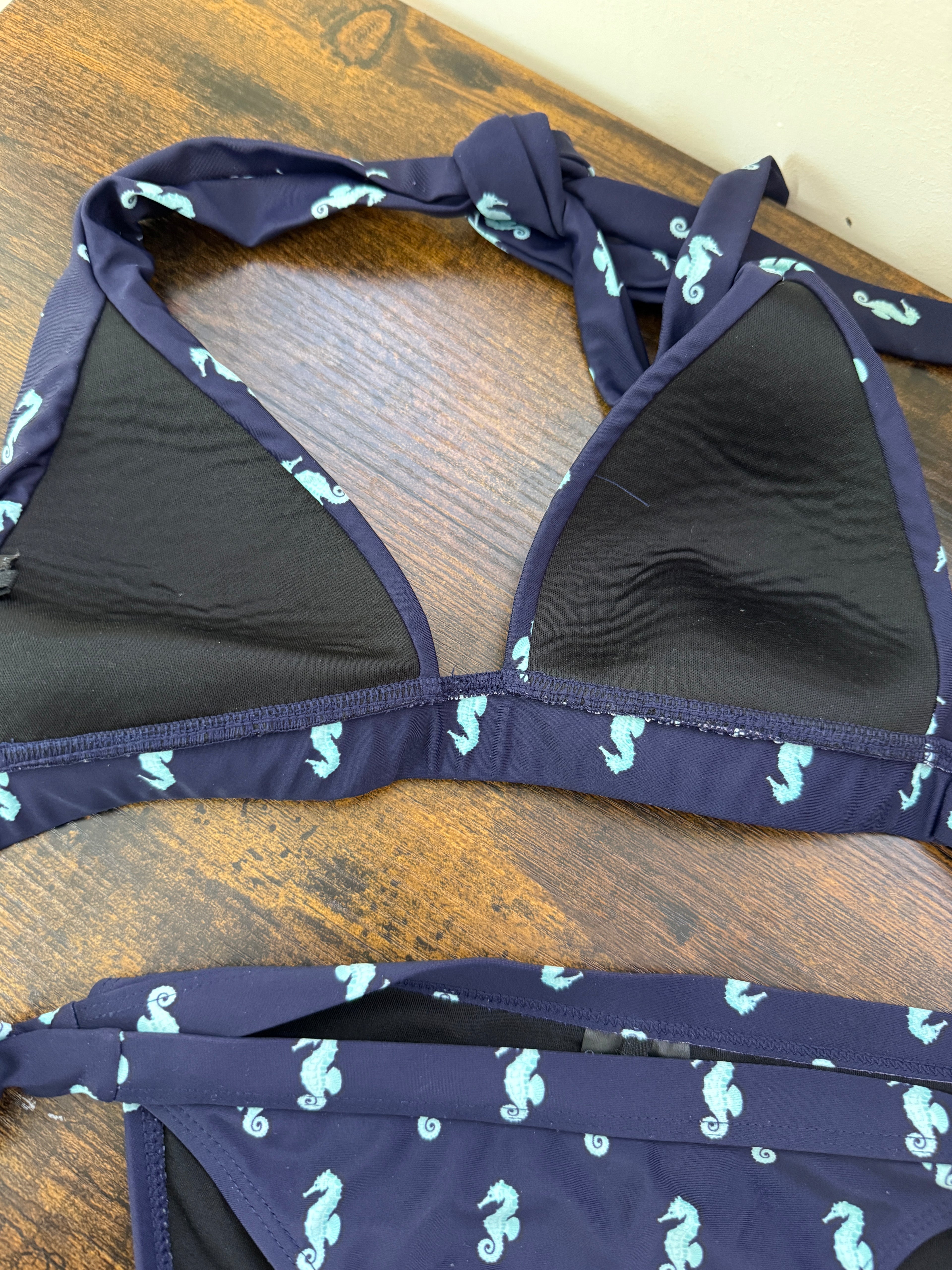 Oasis Navy Blue Seahorse Print Bikini Set Halter Neck Side Tie UK8