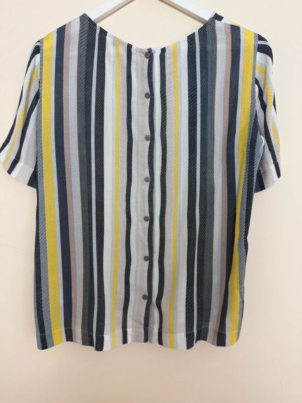 Sandwich Clothing Stripe Top Yellow Grey White Short Sleeve Split Hem UK8