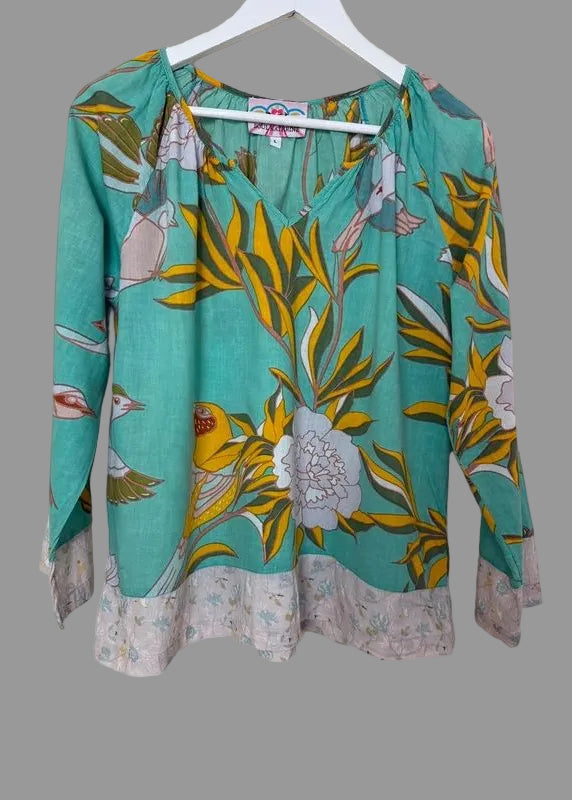 Soul Kathrine Turquoise Bird Print Linen Blend Blouse V Neck Large