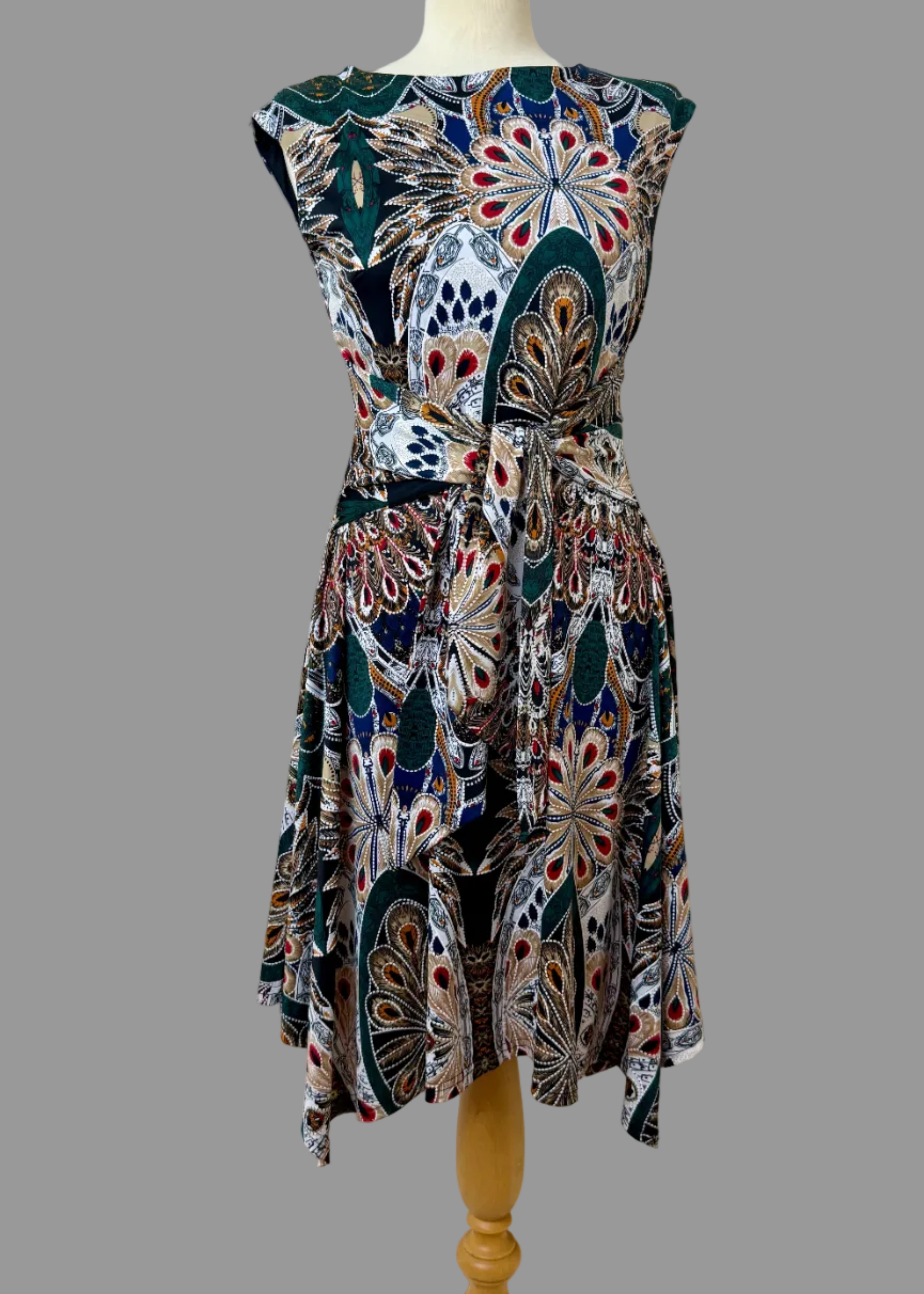 Apricot Paisley Peacock Print Midi Dress UK10 Tie Waist Boho
