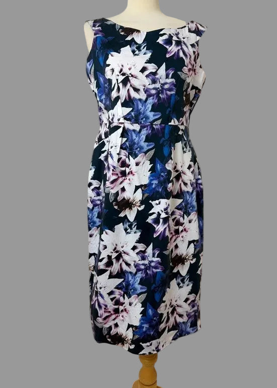 F&F Floral Pencil Dress Purple Black Pink Sleeveless Stretch UK14